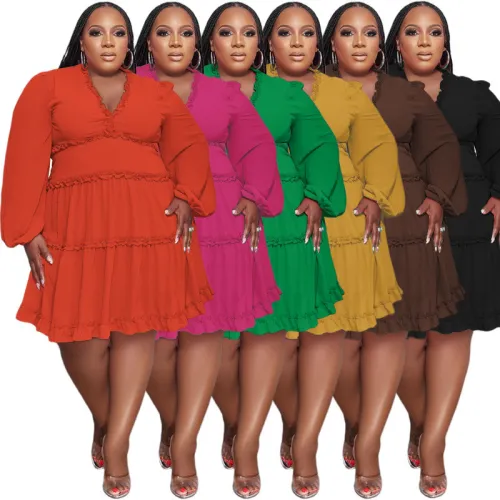 Solid Color V-Neck Sexy Woven Swing Skirt Plus Size Women's Dress