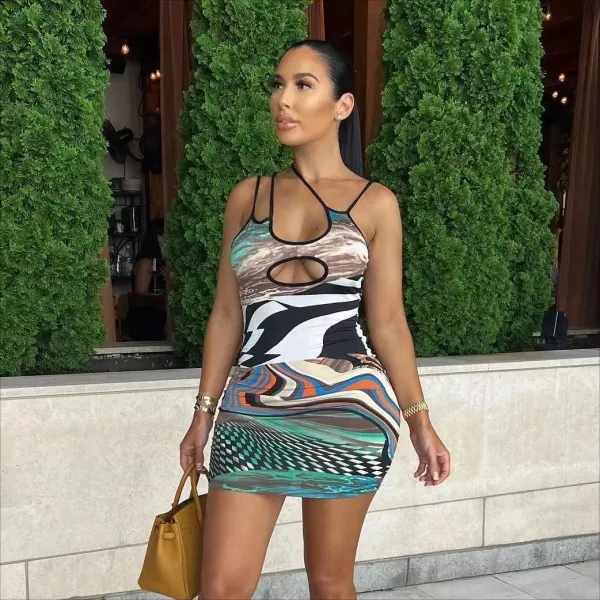 Irregular Print Contrast Color Hollow Slim Fit Sling Dress Package Hip Short Skirt