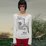 Abstract Letter Print Crew Neck Long Sleeve Slim Fit Bottoming Shirt Top T-Shirt