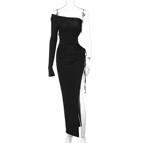 One-line neck slanted shoulder one-sleeve open-waist slit midi dress