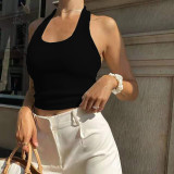 Solid Color Cropped Navel Sleeveless Halter Fashion Ribbed Tank Top