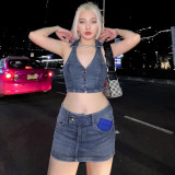 Short halter V-neck vest sexy pure lust pack hip skirt denim suit