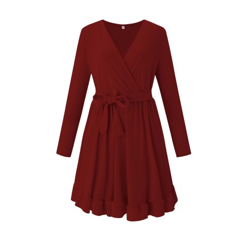 Solid Color Lace-Up V-Neck Long Sleeve Ruffle Dress Women's