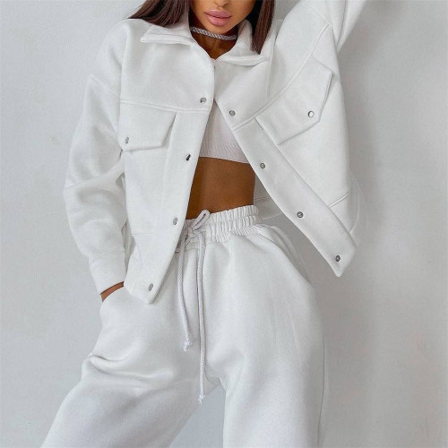 Solid Color Women's Jacket Top Casual Pants Set Long Sleeve Jacket Sweater Pants Two Piece Set