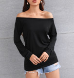 Women's Long Sleeve Fashion Straight Neck Off Shoulder Solid Color Top T-Shirt