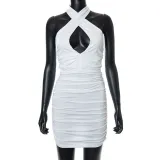 Solid Color Cross Gathering Dress Sexy Pack Hip Skirt