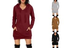 Ladies Fashion Solid Color Pocket Hoodie Loose Mid Length