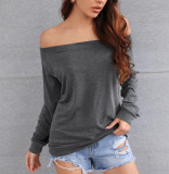 Women's Long Sleeve Fashion Straight Neck Off Shoulder Solid Color Top T-Shirt