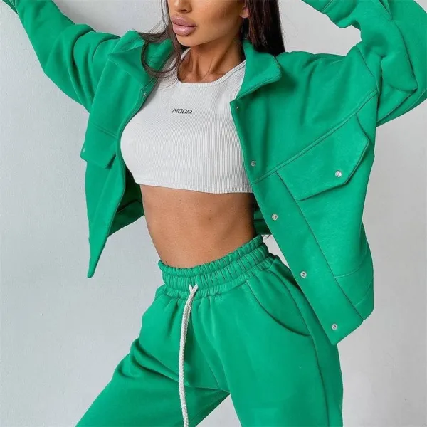 Solid Color Women's Jacket Top Casual Pants Set Long Sleeve Jacket Sweater Pants Two Piece Set
