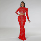 Perspective hot drilling evening dress sexy nightclub style two-piece set