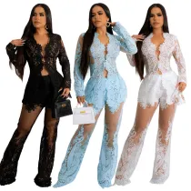Sexy cardigan long sleeve top perspective wide leg pants embroidered two-piece set