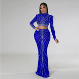 Perspective hot drilling evening dress sexy nightclub style two-piece set