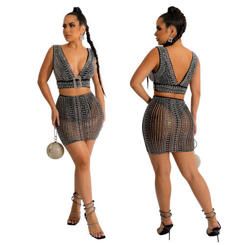 Sexy Sling Deep V Tank Top and Sexy Half Skirt Hot Drill Two Piece Set