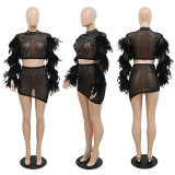 Round neck feather sleeve hot drill short top and irregular skirt two-piece set