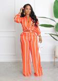Women's printed striped shirt suit two-piece long sleeve loose straight trousers