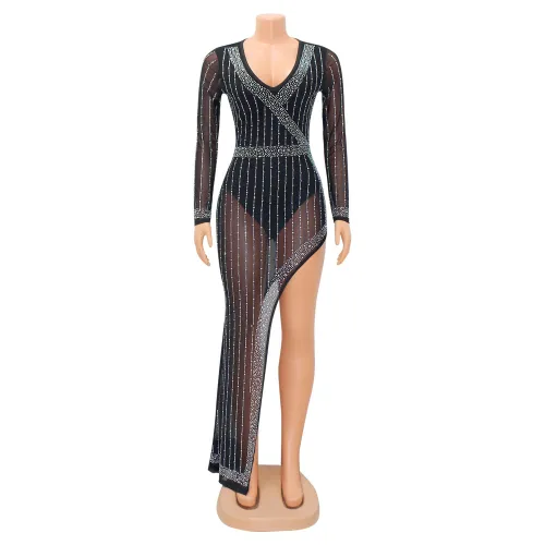Women's sexy mesh ironing long sleeved irregular dress