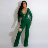 Sexy deep V feather collar fashion wide leg jumpsuit hot drilling