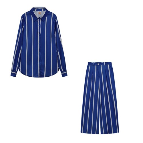 Women's printed striped shirt suit two-piece long sleeve loose straight trousers