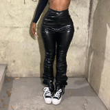 Fashion low waist slim sexy ruffled hip leather casual pants