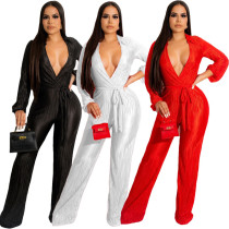 Sexy V-neck strap pleated wide leg jumpsuit