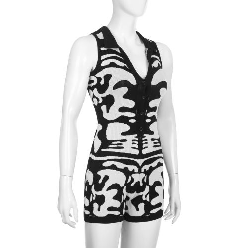 Black and white contrast milk pattern basic slim POLO collar sleeveless button low neck woolen one-piece shorts