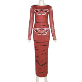 Fashion 3 Butterfly Print Long Sleeve Slim Wrap Hip Dress Set