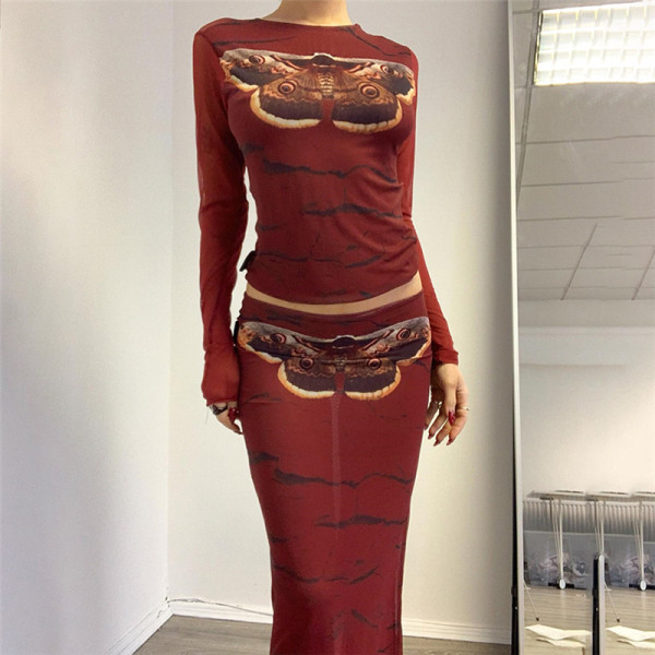 Fashion 3 Butterfly Print Long Sleeve Slim Wrap Hip Dress Set
