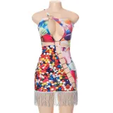 Women's sexy printed diagonal shoulder belt metal square button tassel sleeveless short dress