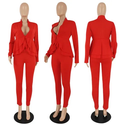 Solid ruffle deep V top and trousers two-piece set