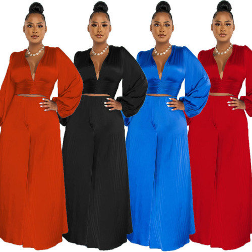 Pleated sexy V-neck top wide leg pants casual suit