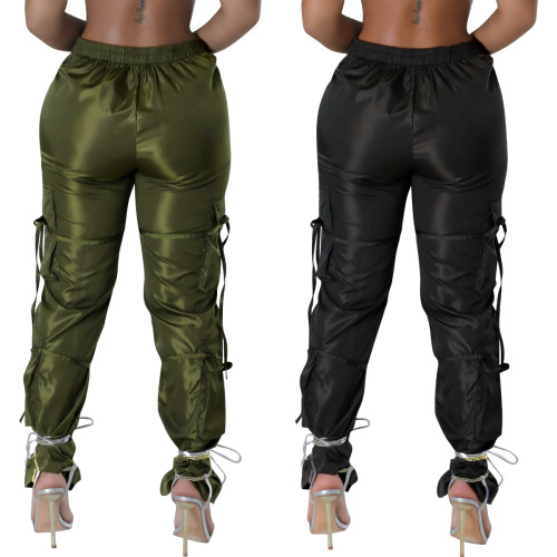 Women's zipper closure strap solid green casual trousers