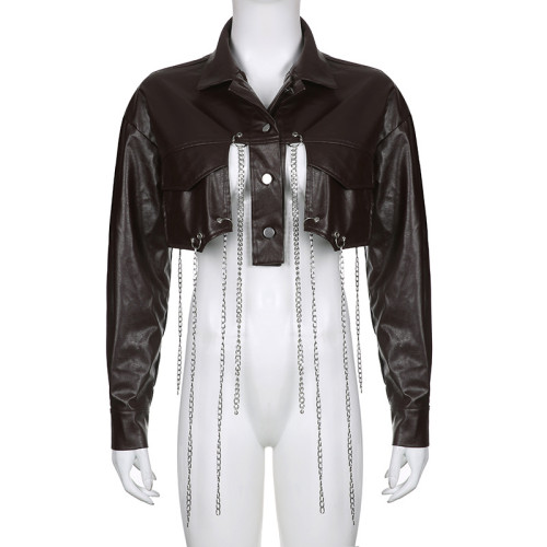 PU suit collar button cardigan long sleeve irregular hem corns chain personality fashion jacket
