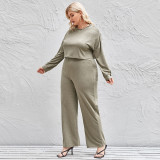 Large Fat Women's Casual Mother Solid Long Sleeve Pullover Top Wide Leg Pants Set