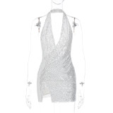 Fashion characteristic sequin neck hook sexy open back slim fitting dress