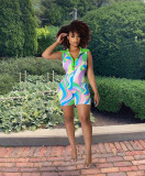 Fashion color printed sleeveless lapel V-one-piece shorts