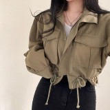 Solid color patchwork pocket loose casual work style lapel lanyard short jacket jacket