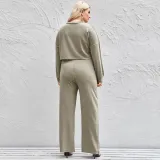 Large Fat Women's Casual Mother Solid Long Sleeve Pullover Top Wide Leg Pants Set