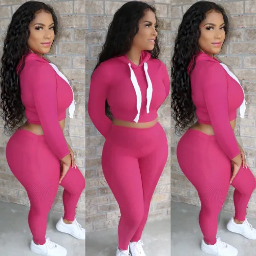 Solid color long sleeve hooded high elastic pit strip casual suit