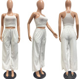 Women's solid casual vest round neck flared sleeve wide leg pants three piece set