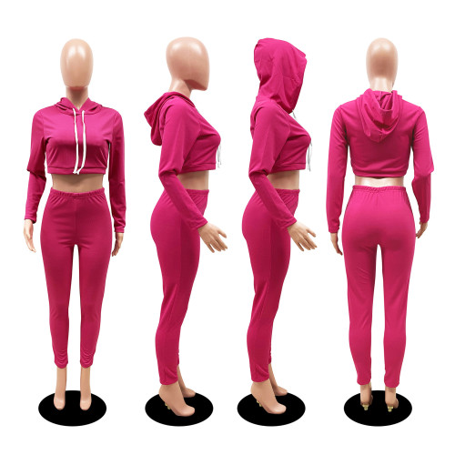 Solid color long sleeve hooded high elastic pit strip casual suit