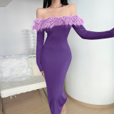 Personality fur collar one shoulder sexy wrap hip bodice long sleeve dress