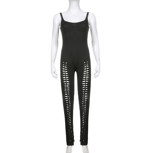 Women's black tight skinny U-shaped low neck sleeveless basic perforated small leg jumpsuit