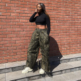 Fashion Leaf Print Lace up Pocket Casual Pants overalls