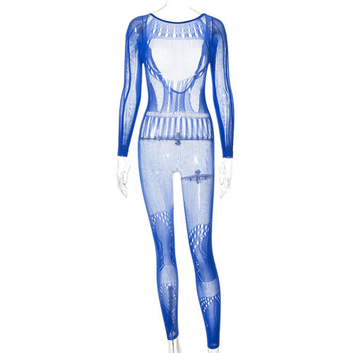 Sexy Long Sleeve Tight Hollow Through Perforated Jumpsuit Pants