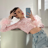 Personality characteristic sequin feather long sleeve short top T-shirt