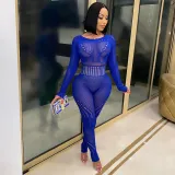 Sexy Long Sleeve Tight Hollow Through Perforated Jumpsuit Pants