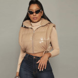 Fashion women's bright leather side open sleeveless hooded vest cotton jacket