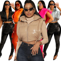 Fashion women's bright leather side open sleeveless hooded vest cotton jacket