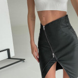 Double zipper leather slim bag buttocks skinny characteristic short skirt