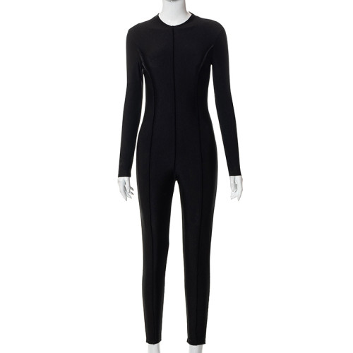 Solid color reverse trim zipper tight long sleeve one-piece pants